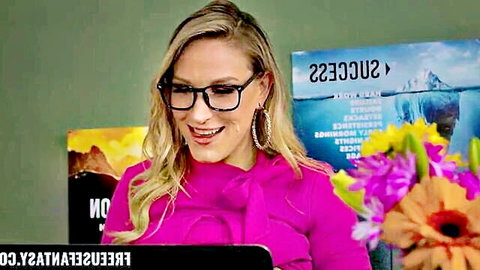 Blonde Penelope Kay in pink blouse and glasses at office desk, teasing fun with Leana Lovings and Charley Hart