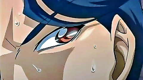 Anime-style woman intense red eye close-up with sweat