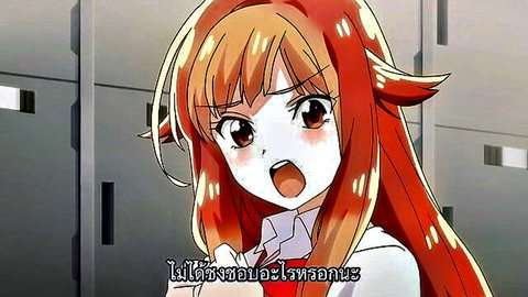 Anime redhead schoolgirl with wide open mouth ahegao face blushing in locker room