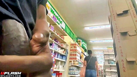 Black hand groping thick ebony thighs in supermarket aisle POV