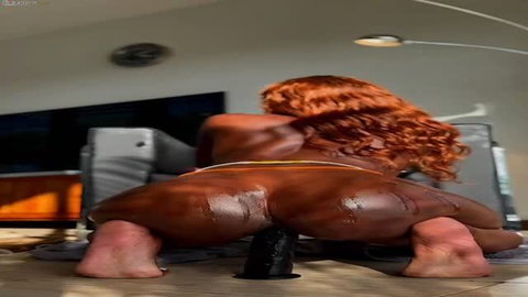 Big booty ebony with red hair riding dildo, intense squirting orgasm