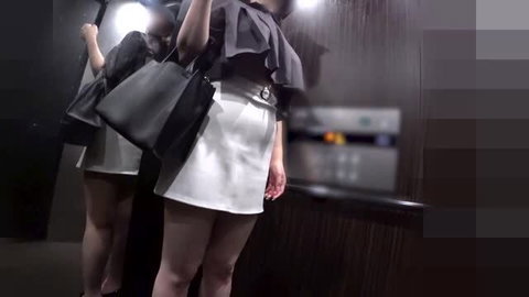Two Asian women in short skirts carrying bags in elevator