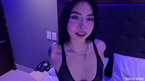 Horny Asian teen in black lingerie selfie, ready to fuck