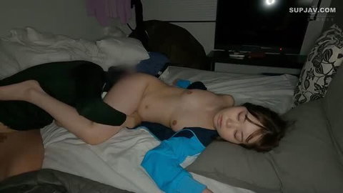 Japanese girl sleeping topless during home invasion sex