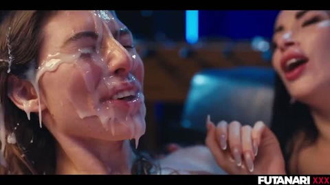 Two women covered in thick cum after intense facial cumshot scene