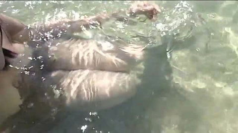 Woman floating face down in shallow water, topless, wet skin glistening
