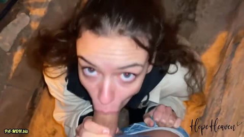 Brunette amateur gives POV blowjob in tight enclosed space