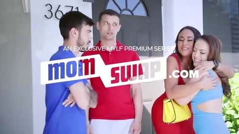 Haley Spades and MILF in red dress hugging in Mom Swap free use scene