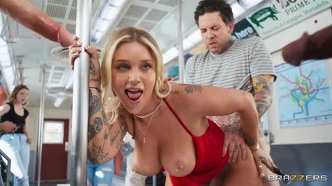 Blonde tattooed woman in red dress getting fucked on public bus