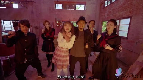 Asian group in school uniforms posing in abandoned building