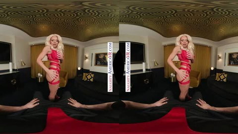 Taylor Vixxen in red lingerie standing over POV male in luxury suite