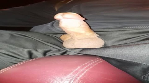 Hard circumcised cock on black fabric during car ride