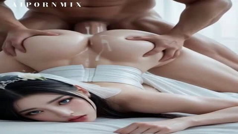 Brunette bride in white lingerie gets double penetration from two muscular men