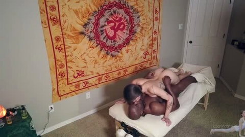 Ciren Verde in interracial creampie on massage table with mandala backdrop