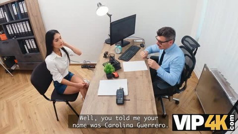 Office casting interview with Carolina Guerrero in white shirt and short skirt
