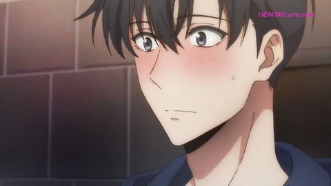Blushing anime guy with messy black hair and flushed cheeks