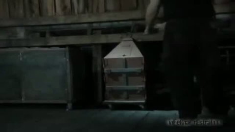 Woman restrained in wooden box during BDSM shoot