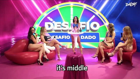 Five sexy babes in lingerie play erotic dice challenge, sucking toys