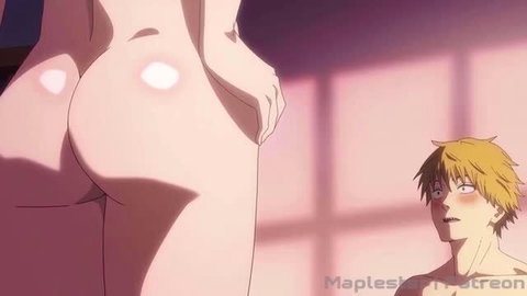 Makima from Chainsaw Man standing nude beside Denji in office setting