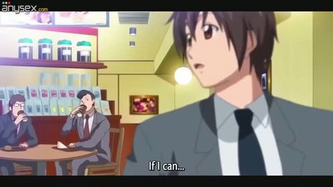 Anime guy in suit looking surprised in restaurant setting
