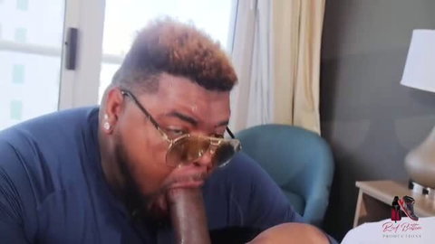 Man sucking large penis in POV interracial blowjob scene