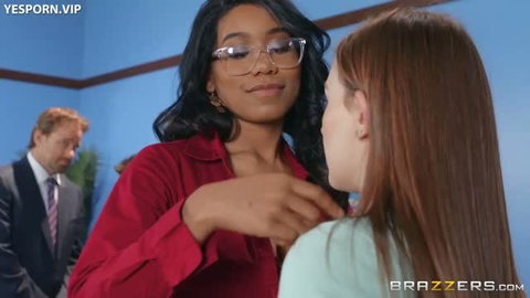 Busty Black boss in red shirt seduces redhead employee