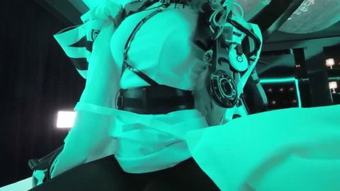 Cosplay girl in white ruffles with black harness and cybernetic gear