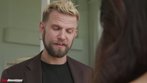 Blonde bearded man in brown blazer with woman, Asian stunners Vince & Lucy steamy BJ thumbnail