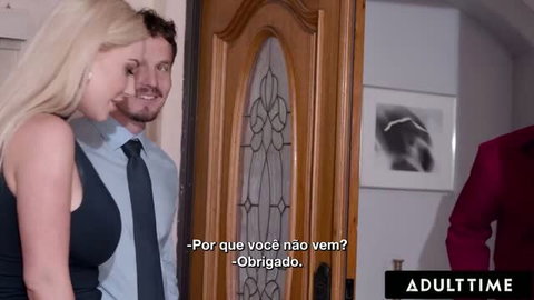 Busty blonde Savannah Bond in black dress with suited man at door