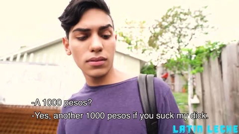 Latino twink in purple shirt with subtitles about sucking dick