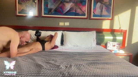Redhead pre-op shemale sucks guy then fucks him in bed