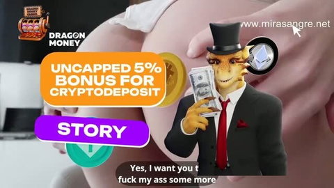 Anthropomorphic lizard in suit holding cash next to close-up ass, crypto bonus overlay