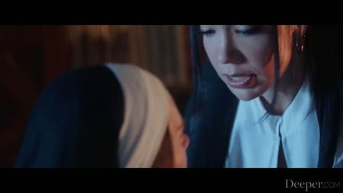 Kenna James in religious-themed lesbian scene with nun