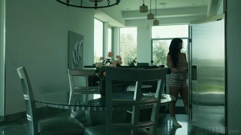 Beca Barbie in striped lingerie stands by fridge in Pure Taboo scene