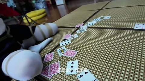 Amateur Japanese AV scene with cards and plush doll on tatami