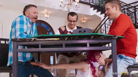 Lily Lou giving blowjob under table to Mick Blue with two men watching
