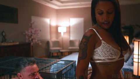 Nina White in white lace lingerie with Cory Chase and Charles Dera in FFM threesome