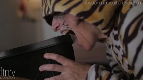 Tiger costume vore fetish mouth closeup with open jaws
