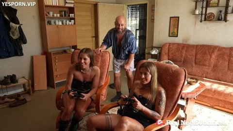 BDSM Twins Part 1 adult video thumbnail with two women in black lingerie playing games