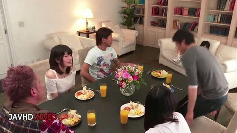 Japanese group sex at dining table with creampie action