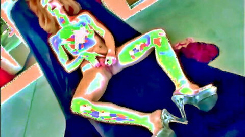 Redhead with hairy pussy spreads legs wide and inserts toy masturbating on chaise in heels