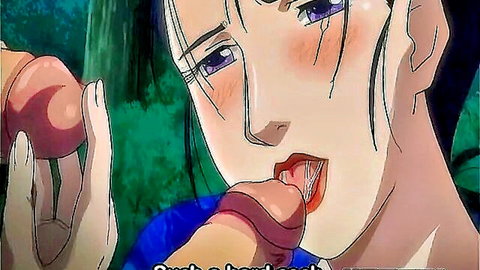 Japanese hentai babe with flushed face slurps thick cock while stroking another hard dick