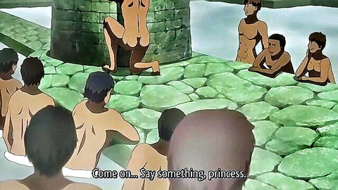 Hentai princess suspended naked amid muscular men in bathhouse gangbang