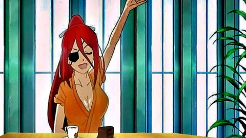 Anime redhead oni girl with eyepatch in low-cut orange top, waving cleavage