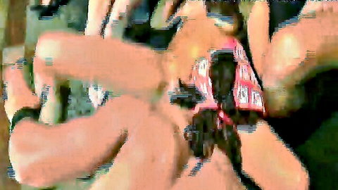 Brazilian babe gangbanged by multiple men with cocks surrounding her pussy and tits