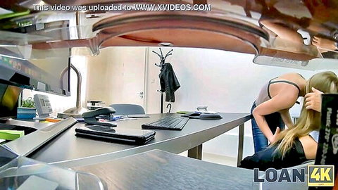 Skinny blonde teen bends over office desk with jeans down exposing panties in casting interview