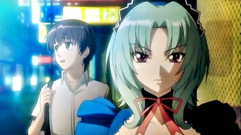 Anime green-haired maid girl in blue dress stares intensely beside blue-haired boy holding umbrella in neon night city