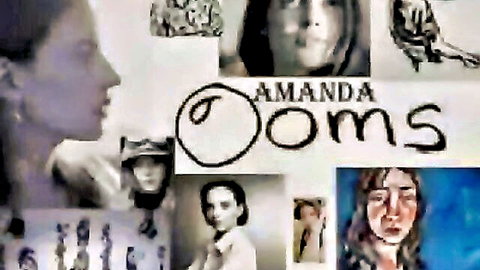 Black and white collage portrait of Amanda Ooms face in profile with artistic sketches.