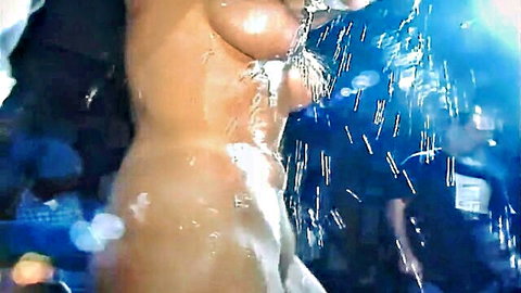 Wet naked curvy woman with big tits in booty shake contest shower scene