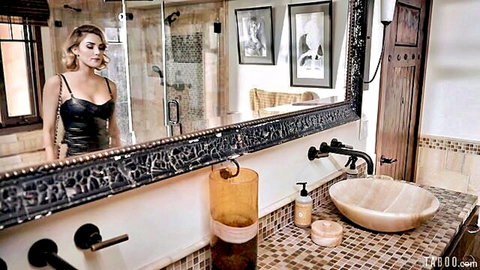 Blonde Kenna James in sexy black lace lingerie posing in mirror